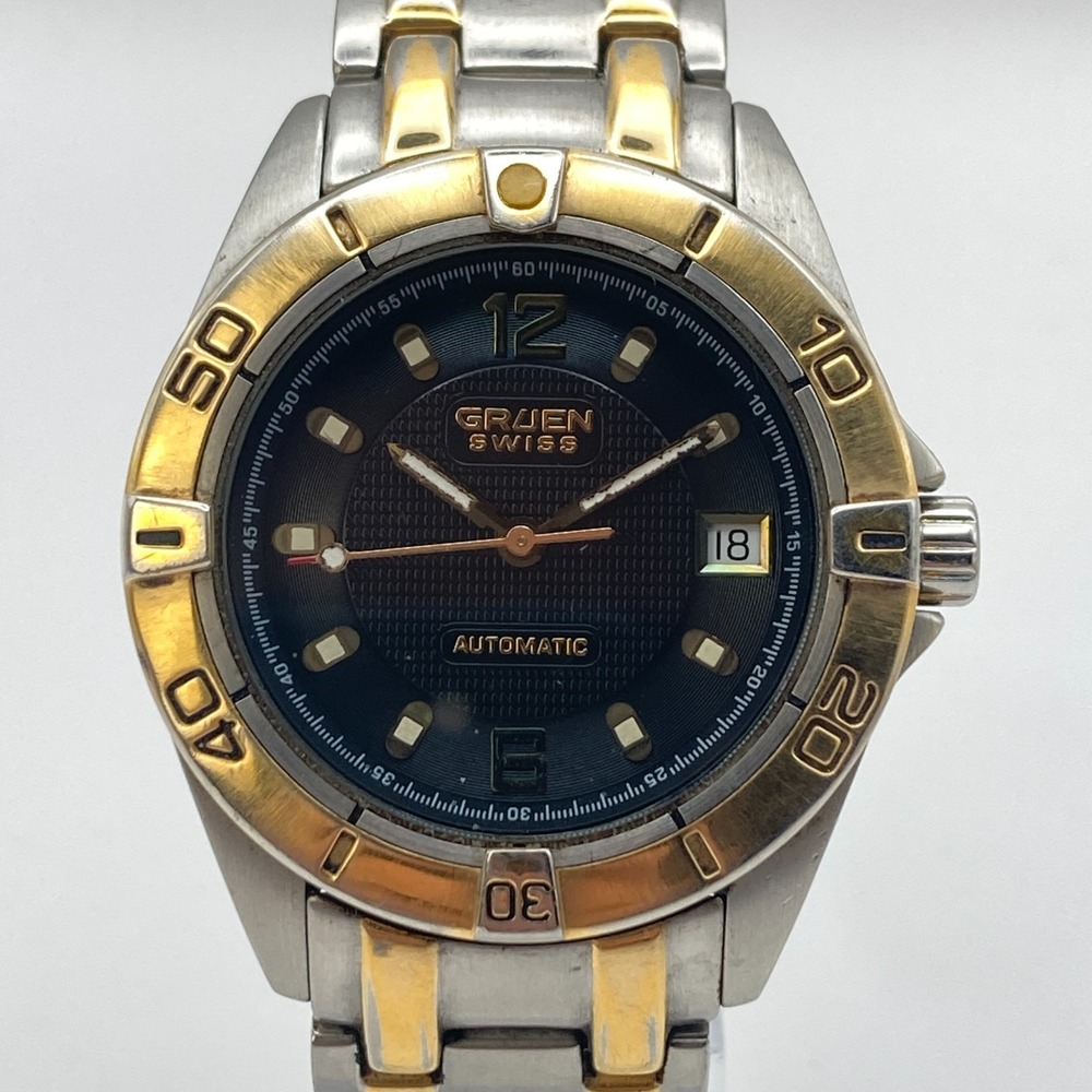Vintage Gruen Swiss Automatic Men's Watch 38mm Silver Gold Tone Date 25 Jewels